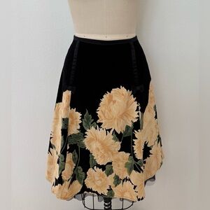 Anthropologie Elevenses A-line Skirt Velvet Black & Yellow Flowers Tulle Hem 8
